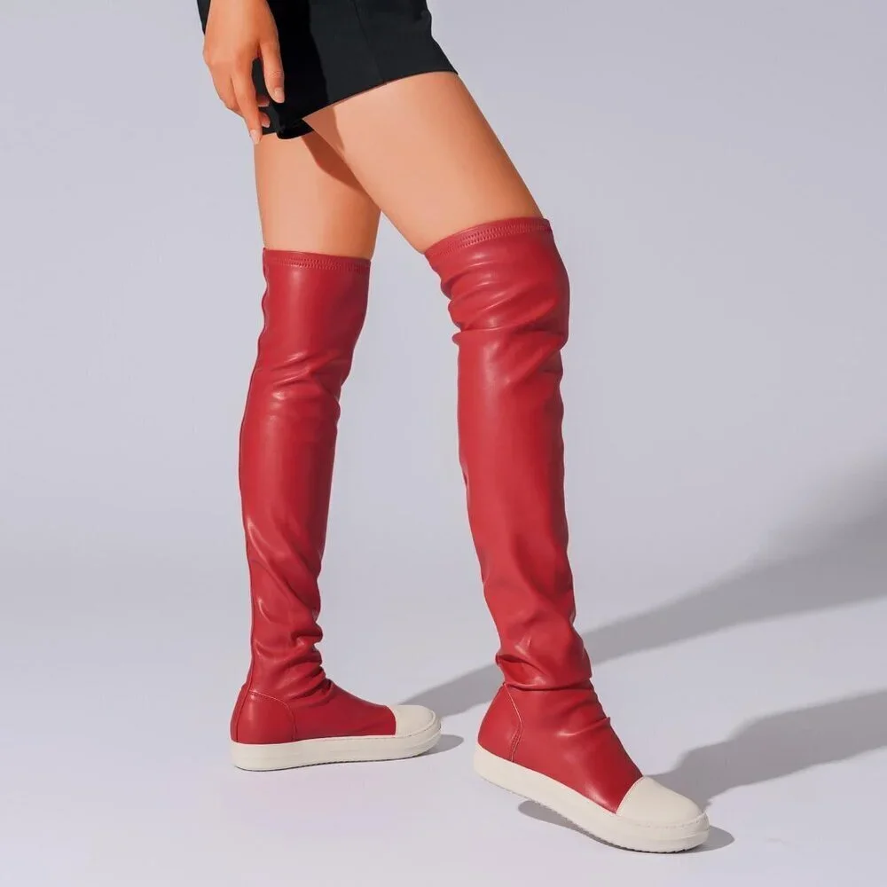 Women Red Polyurethane (PU) Flat Over The Knee Round Toe Thigh High Boots